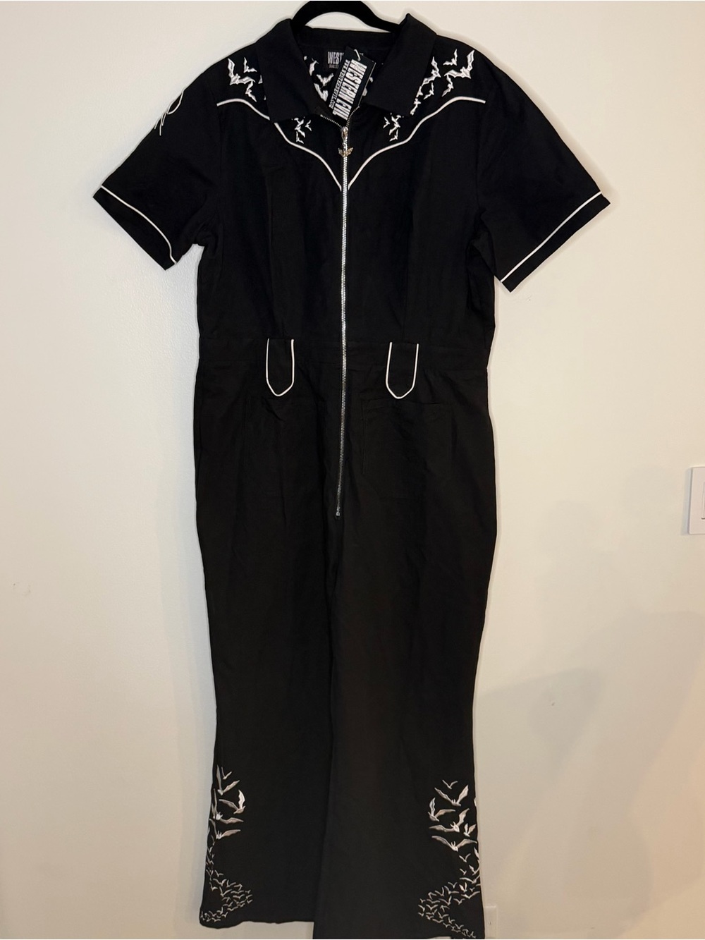 Western evil Black Embroidered Zip-Front Jumpsuit , 3XL